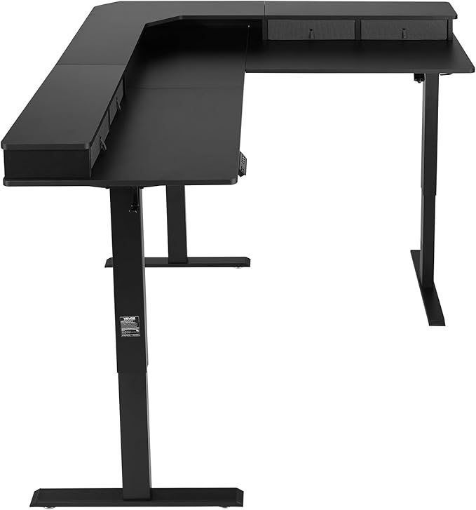 VEVOR 63'' Electric L Shaped Standing Desk, 3 Memory Height, 2-Tier Corner Table with 4 Drawers Storage, 2 Hooks & Cable Hole, Heavy Duty Carbon Steel Sit Stand Computer Workstation, Easy to Assemble