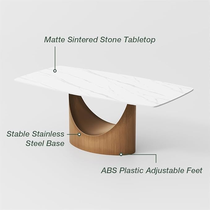 POVISON 71" Hobart Modern Dining Table for 6-8, Matte White Dining Table Sintered Stone Dining Tabletop with Bronze Carbon Steel Pedestal for Dining Room (Table Only)