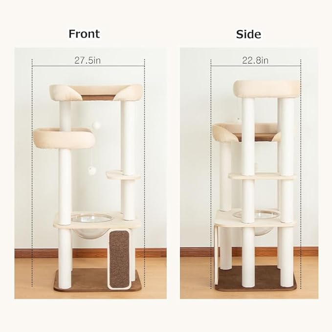 53'' Wooden Cat Tree Tower for Indoor Cats, Modern Natural Wood Cat Furniture with Cozy Beds, Scratching Post and Clear Hammock for Kittens and Adult Cats (White)