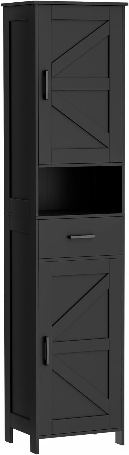 Homhedy 67" H Tall Bathroom Storage Cabinet with 2 Barn Doors and 1 Drawer, Narrow Storage Unit, Adjustable Shelves, Floor Cabinet for Bathroom, Living Room, Entryway, Kitchen, Black, (15.7" W)
