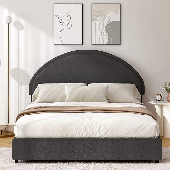 Full Size Bed Fram, Upholstered Platform Bed with Headboard, Boucle Bed Frame with Round Conne, No Box Spring Required, Easy Assembly, Dark Grey