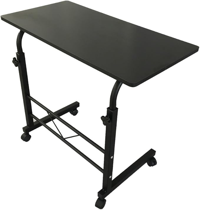 Goujxcy Sofa Side Table C Shaped End Table with Wheels, Black Rolling Bedside Laptop Table Snack Table TV Tray, Height Adjustable, Wooden Top & Metal Frame