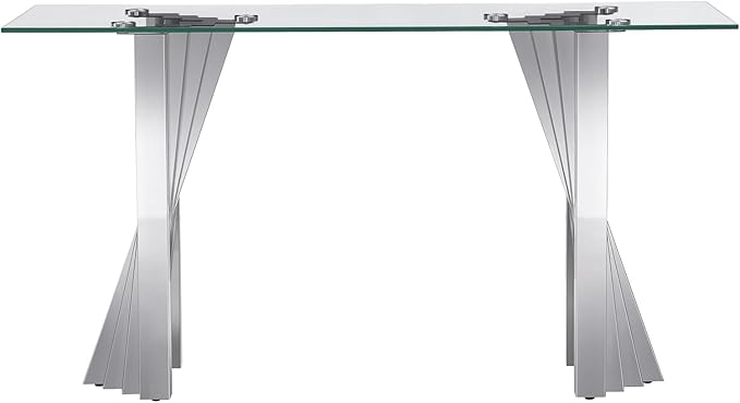 Goujxcy Modern Glass Console Table 55" Entryway Table with Tempered Glass Top and Mirror Finish Stainless Steel Legs, Luxury Rectangular Sofa Table for Living Room Hallway Corridor Table (Silver)