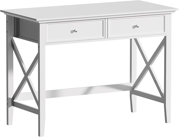 White Computer Desk with 2 Drawers, Modern Makeup Vanity Desk with Storage, Writing Desk for Home Office, 42'' Long Study Simple White Desk for Bedroom Console Table Living Room