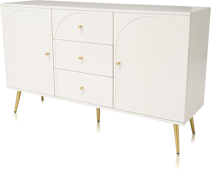 KEIKI 55'' Modern 2-Doors Buffet Sideboard Storage Cabinet with 3 Drawers & Metal Legs, Wood Entryway Console Table for Living Room, Hallway, Dining Room, White