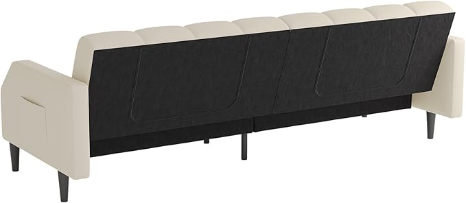 Fadware Faux Leather Couch, Convertible Futon Sofa Bed with Adjustable Backrest, Mid Century Leather Sofa Loveseat with Side Pockets& Metal Leg, Modern Leather Sleeper Sofa for Living Room Bedroom