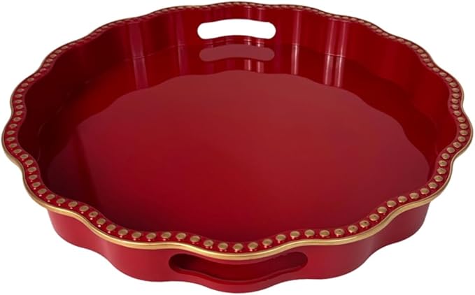 Red Decorative Tray for Coffee Table, Wavy Scallop Beaded Plastic Serving Tray forKitchen Counter, Ottoman, Living Room, (13")