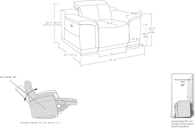 Blackjack Furniture Venice Top Grain Italian Leather Power Recliner Chair with Adjustable Headrest Modern Luxury Seating for Living Room Lounge, Light Grey