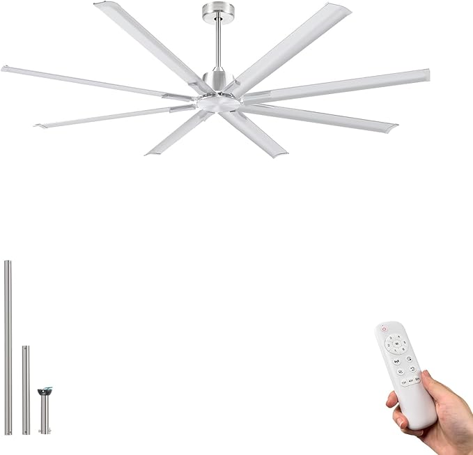 72 Inch Ceiling Fan Without Light with 8 Brushed Nickel Aluminum Blades,Industrial Ceilin fan with Remote,6 Speed,Quiet DC Motor,Large Outdoor Indoor Ceiling Fan for Patio,Garage,Living Room