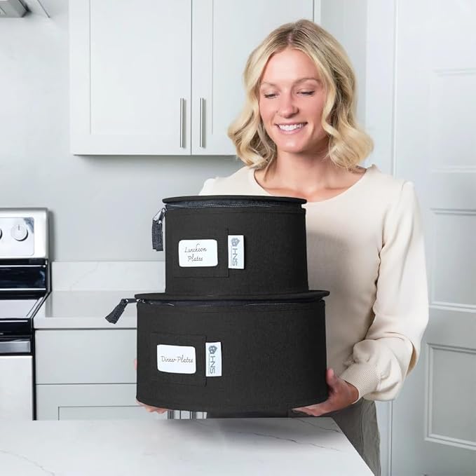 Hard Shell China Storage Containers 12-Piece Set Moving Boxes for Dinnerware, Glasses, Plates, Mugs and Saucers Sturdy Dish Organizer with Dividers for Seasonal Storage - Service for 12 - Black