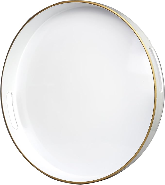 White Round Decorative Tray with Handles, 13" Elegant Coffee Table Serving Tray for Ottoman Living Room, Bathroom, Outdoors, Breakfast