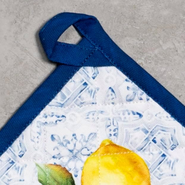 Maison d' Hermine Pot Holders Set 100% Cotton Heat Resistant Potholders 8" x 8" Hot Pads with Loop BBQ, Cooking, Baking, Grilling, Kitchen, Handling Hot Pans Spring/Summer (Pack of 2, Citrus)