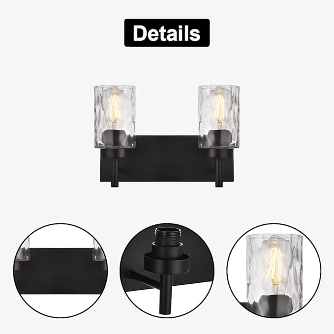 BONLICHT 2 Light Farmhouse Wall Sconce Vanity Lights Modern Black Bathroom Lighting Fixtures with Hammered Glass Shade,Industrial Porch Metal Wall Mount Lamp for Hallway Kitchen Bedroom Laundry Room