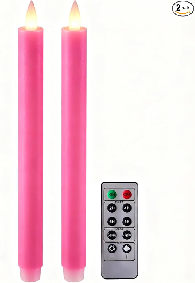 Flameless Taper Candles Flickering with Remote and Timer, 3D Moving Flame Taper Candle Battery Operated to 400 Hours, 9 Inch Window Candles, (Pink)