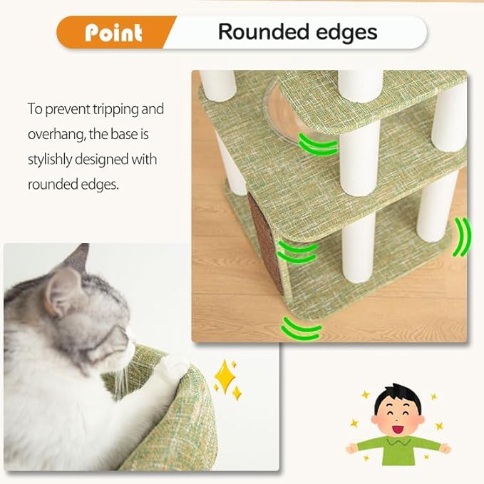 53'' Wooden Cat Tree Tower for Indoor Cats, Modern Natural Wood Cat Furniture with Cozy Beds, Scratching Post and Clear Hammock for Kittens and Adult Cats (Green 53'')