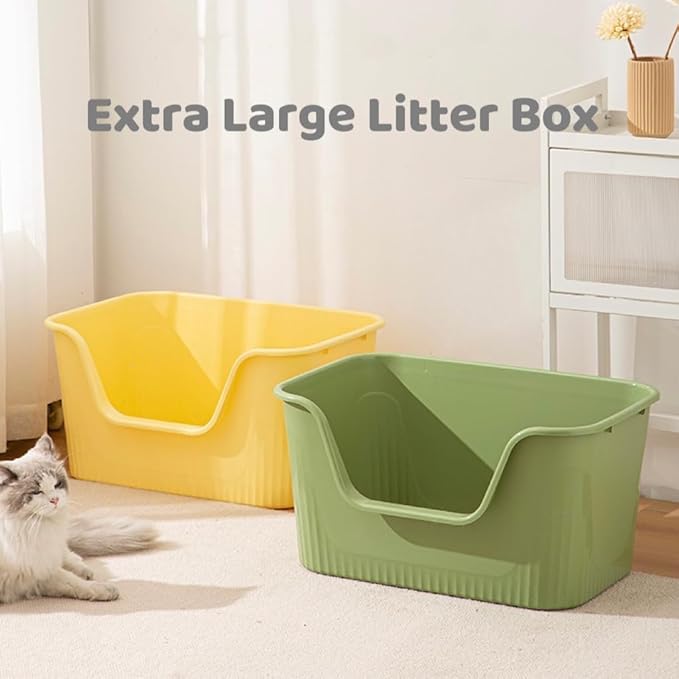 SpaceTime Large Cat Litter Box with High Sides,Cat Boxes for Indoor Cats,Cat Litter Pan for Kitty,Litter Box with Low Entry,Easy to Clean,Anti-Splashing (Green)