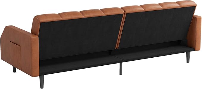 Fadware Faux Leather Couch, Convertible Futon Sofa Bed with Adjustable Backrest, Mid Century Leather Sofa Loveseat with Side Pockets& Metal Leg, Modern Leather Sleeper Sofa for Living Room Bedroom