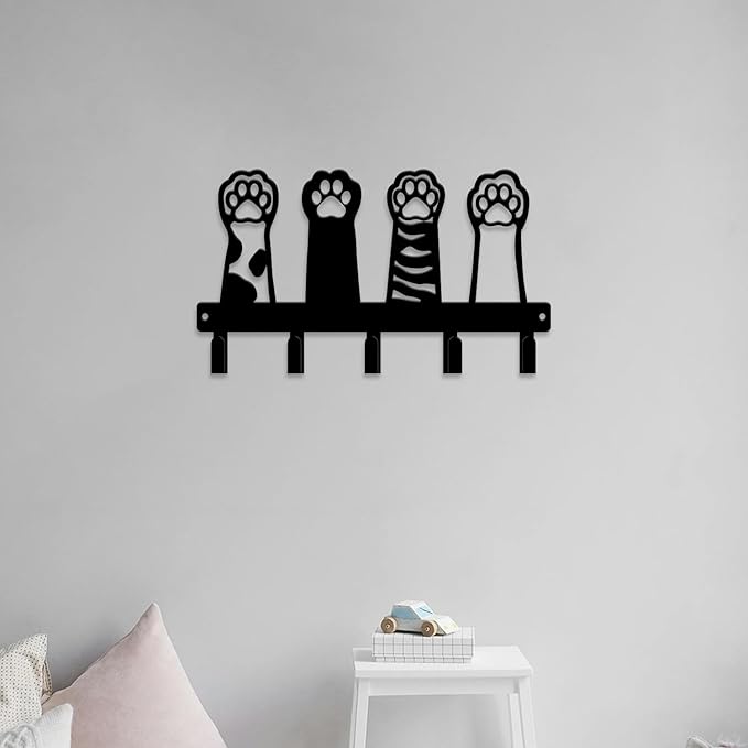 magilab Cat-Themed 10-Inch Iron Key Hooks with 5 Hooks, Black Wall Organizer - Cute Cat Design for Home Decor, No Drill & Screw-in Options (Style C)