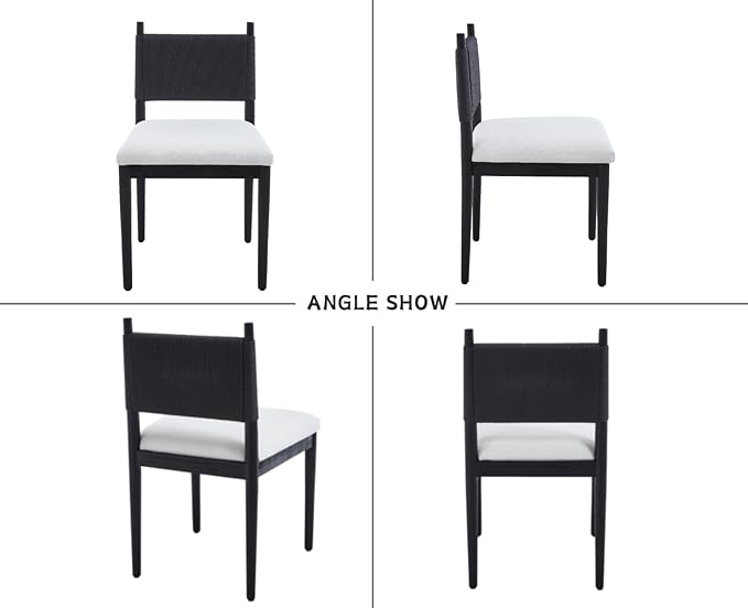 CIMOTA Dining Chairs Set of 4, Mid Century Modern Upholstered Dining Room Chairs with Woven Back, Armless Kitchen Chairs with Black Solid Wood Legs,Linen Beige, 4PCS