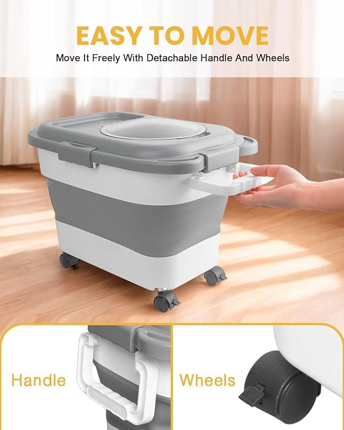 20-23LBS Collapsible Dog Food Storage Container, Pet Dog Pantry Large Containers Bin with Wheels,Scoop and 1pcs Food Storage Containers, Kitchen Cereal Flour Rice Leakproof Dry Holder