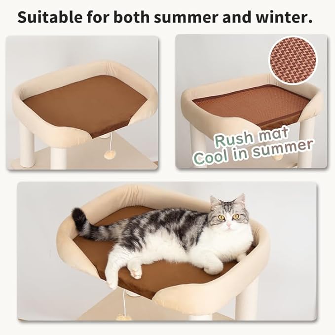 53'' Wooden Cat Tree Tower for Indoor Cats, Modern Natural Wood Cat Furniture with Cozy Beds, Scratching Post and Clear Hammock for Kittens and Adult Cats (White)