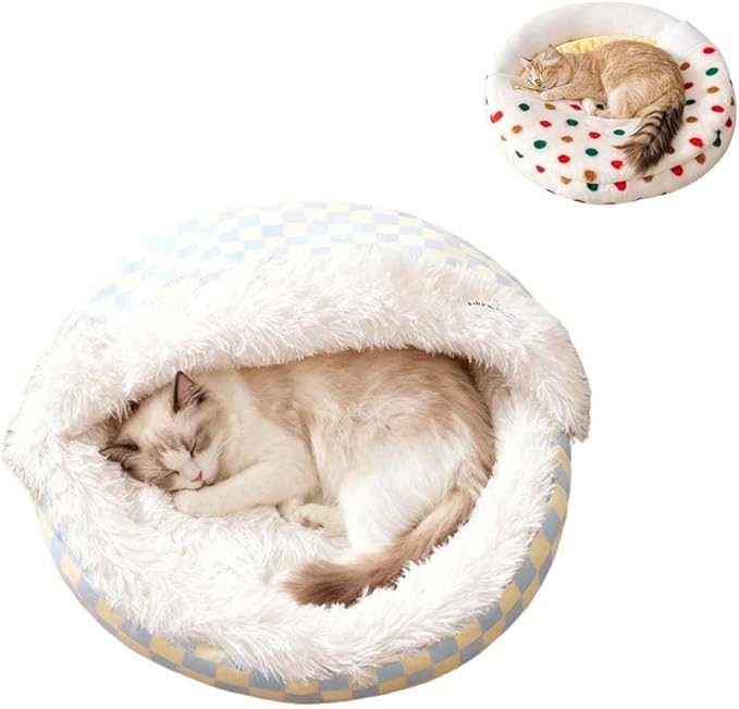 Plush Cat Bed for Indoor Cats,Calming Cozy Cave with Self-Warming,Cat Cave Pet Sleeping Bag for Puppy and Kitty,Shell Shaped Washable Pet Bed for Small Cats & Dogs (Blue,S-19 x 19 x 4 in)