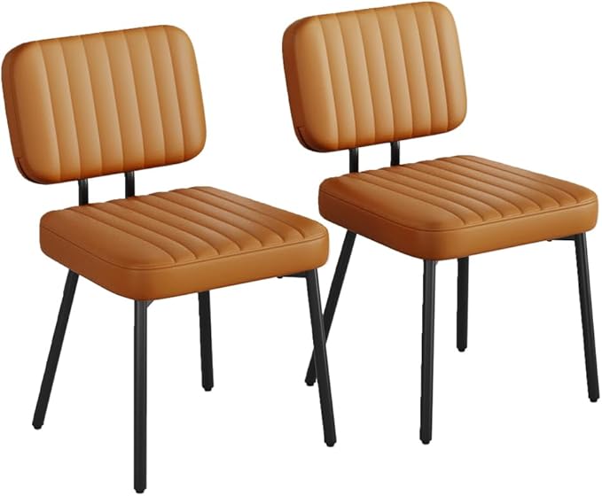 Dining Chairs Set, Upholstered Mid Century Modern Kitchen Dining Room Accent Chairs with Faux Leather Cushion Seat & Metal Legs for Kitchen, Living Room (Brown, Set of 2)
