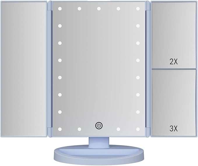 Trifold Makeup Mirror Vanity Mirror with Lights,1X 2X 3X Magnification,Touch Screen,180 Adjustable Rotation,Portable Travel Bathroom Cosmetic Mirror