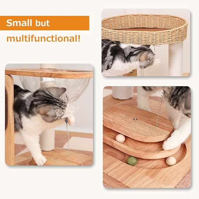 Wood Cat Tree for Large Cats, Modern Cat Tree Tower with Wide Shelves Cotton Scratching Posts, Super Sturdy Base, Cozy Perches, and Interactive Toys for Indoor Kittens 31-Inch