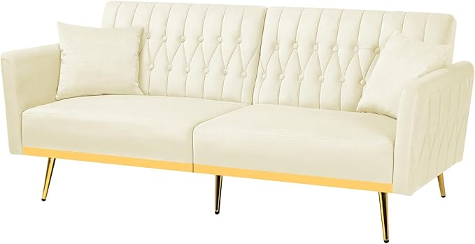 70” Velvet Futon Sofa Bed with 2 Pillows and Adjustable Armrests, Convertible Sleeper Bed W/Adjustable Backrests, Modern Loveseat for Living Room, Bedroom, Beige