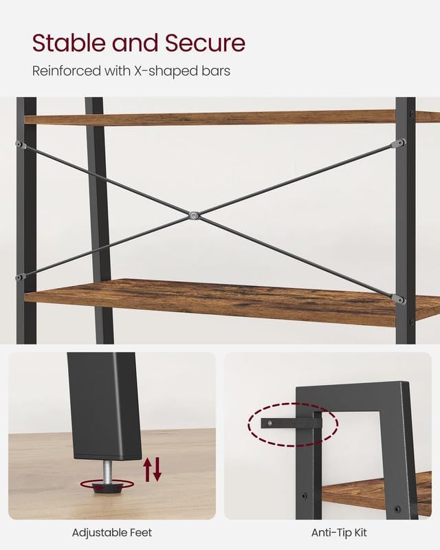 VASAGLE Ladder Shelf, 4-Tier Bookshelf, Storage Rack, Bookcase with Steel Frame, for Living Room, Home Office, Kitchen, Bedroom, Industrial Style, Rustic Brown and Ink Black ULLS144B01