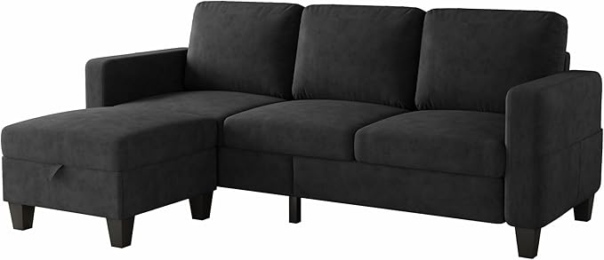 Sectional and Sofa Couches for Living Room, 3-Seater L-Shaped Sofa with Storage Ottoman, Pet-Friendly Washable Velvet Linen Fabric, Convertible Couches for Small Apartments, Bedroom (Black)