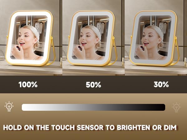 PRIMETEK Vanity Mirror with Lights, 10"x8" LED Lighted Makeup Mirror, Portable Makeup Mirror with Lights, Touch Screen, 3-Color Lighting, 5X Magnification, for Vanity Desk Tabletop, Bedroom,