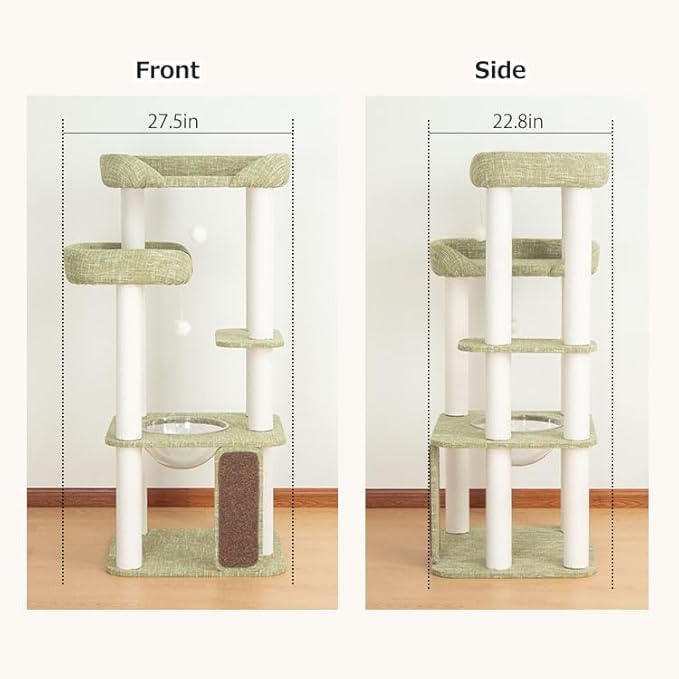 53'' Wooden Cat Tree Tower for Indoor Cats, Modern Natural Wood Cat Furniture with Cozy Beds, Scratching Post and Clear Hammock for Kittens and Adult Cats (Green 53'')