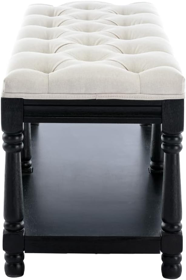 Kmax Storage Entryway Bench Tufted Shoe Rack Bench Black Wood Window Bench for Hallway Entrance Bedroom Corner, Beige