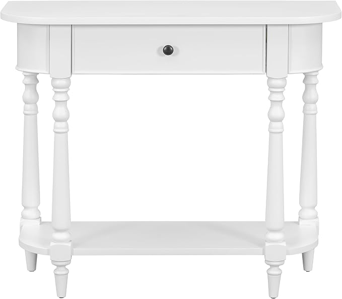 HMFULE Retro Curved Console Table, 36" Solid Wood Half Moon Console Table Sofa Table Entryway Table with 1 Drawer 1 Open Shelf Roman Legs Curved Corners for Living Room,Entryway,Hallway,White