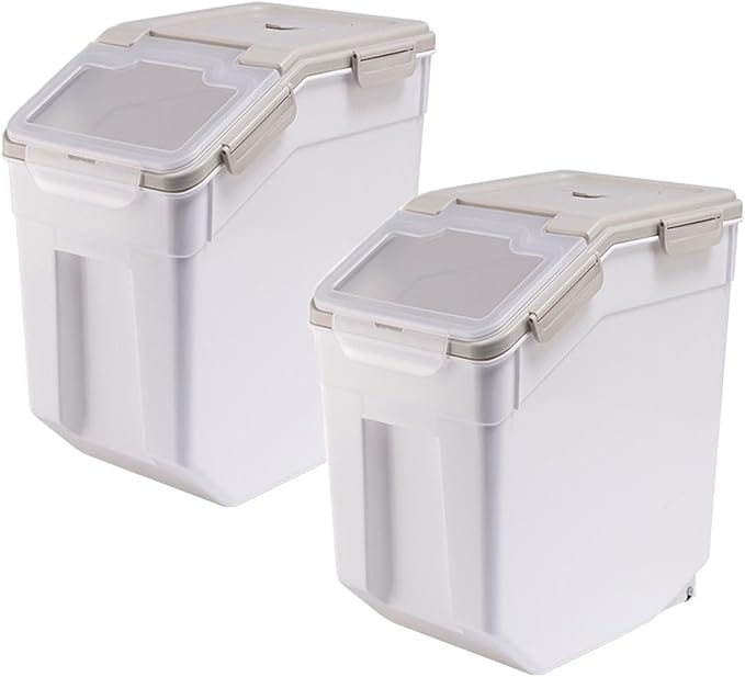 50 lbs Flour Storage Container, 2 Pack Rice Storage Container with Measuring Cup & Scoop, Pet Food Storage Container Dog Cat Food Bin, Grey