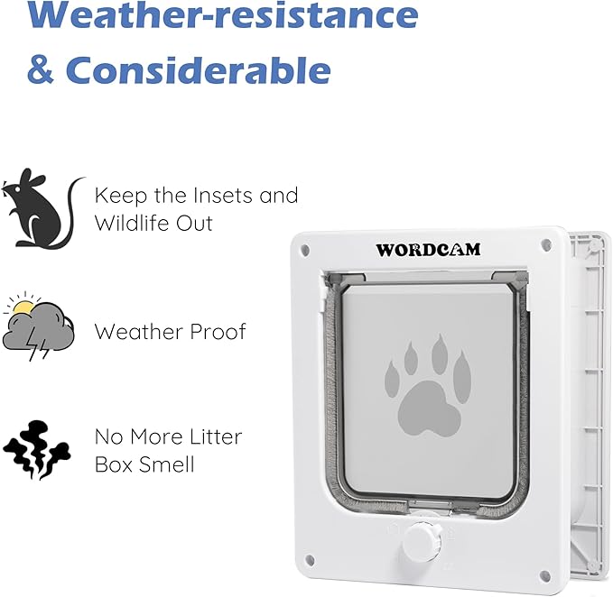Wordcam Medium Cat Door Flap, 4 Way Locking Cat Door for Interior Exterior Doors, Pet Door for Cats Kitty Kittens Doggies, Robust, Weather-Resistant (White, M)
