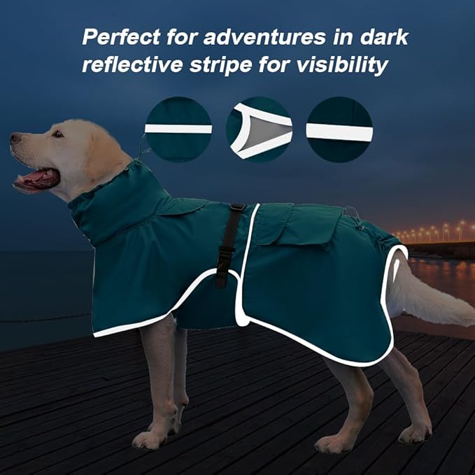 Waterproof Dog Raincoat Adjustable Dog Hooded Slicker Poncho Raincoat for Medium Large Dogs, Reflective Dog Rain Jacket(Blue, 5XL)