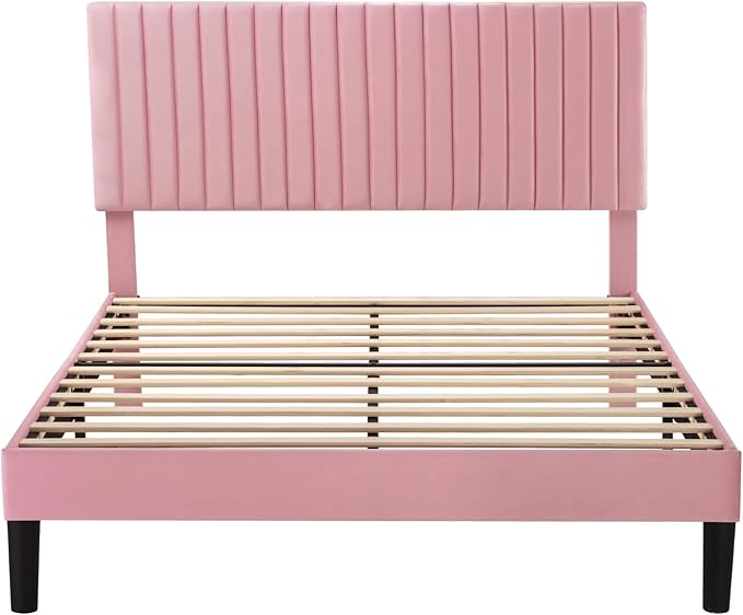Allewie Full Bed Frame, Velvet Upholstered Platform Bed with Adjustable Vertical Channel Tufted Headboard, Mattress Foundation with Strong Wooden Slats, Box Spring Optional, Easy Assembly, Pink