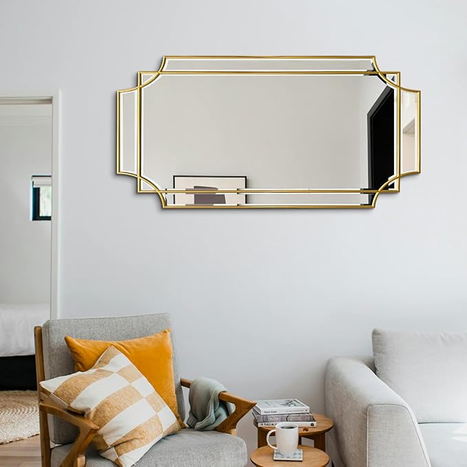 Gold Beveled Mirror, 24"x47.2" Bathroom Mirrors for Over Sink, Large Rectangle Vanity Mirror, Modern Elegant Decorative Mirrors for Living Room Bedroom Fireplace Entryway Hallway