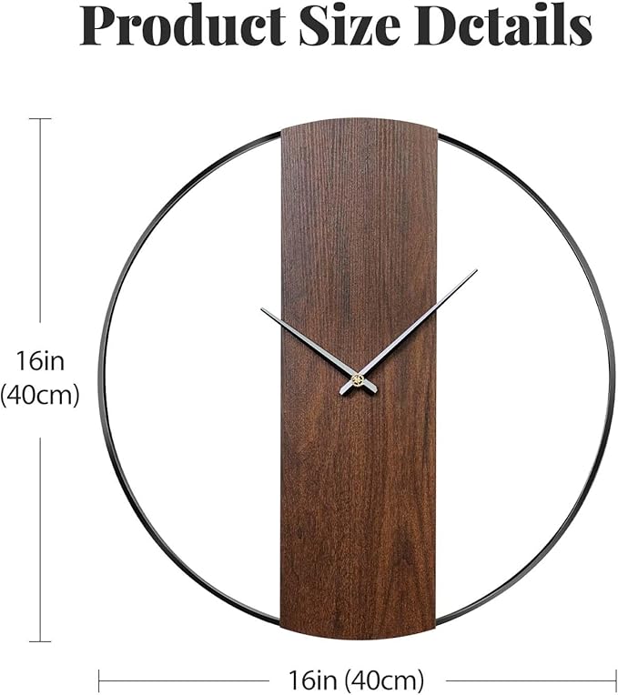 Cuspin Wall Clocks for Living Room Decor, Modern Minimalist Wall Clock Decorative 16 Inch Silent Non Ticking Battery Operated Clock with Walnut Dial for Bedroom, Kitchen, Farmhouse, Office