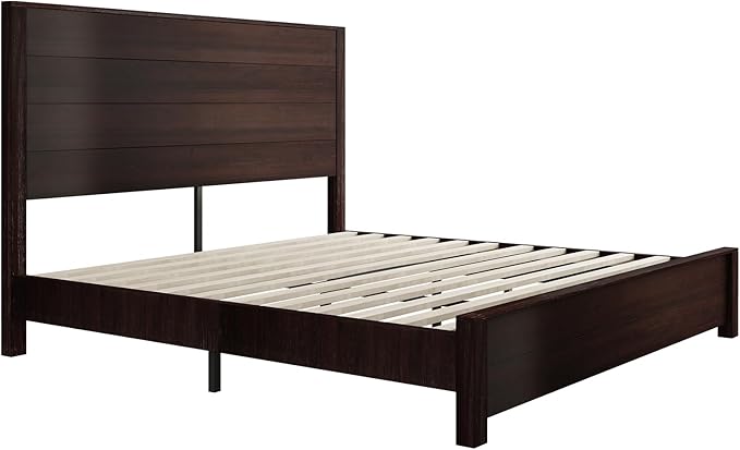 AMERLIFE King Size Bed Frame with 51.2" Spliced Headboard, Rustic Bedframe Wood Platform Bed/Wood Slats Support, No Box Spring Needed, Noiseless, Dark Brown