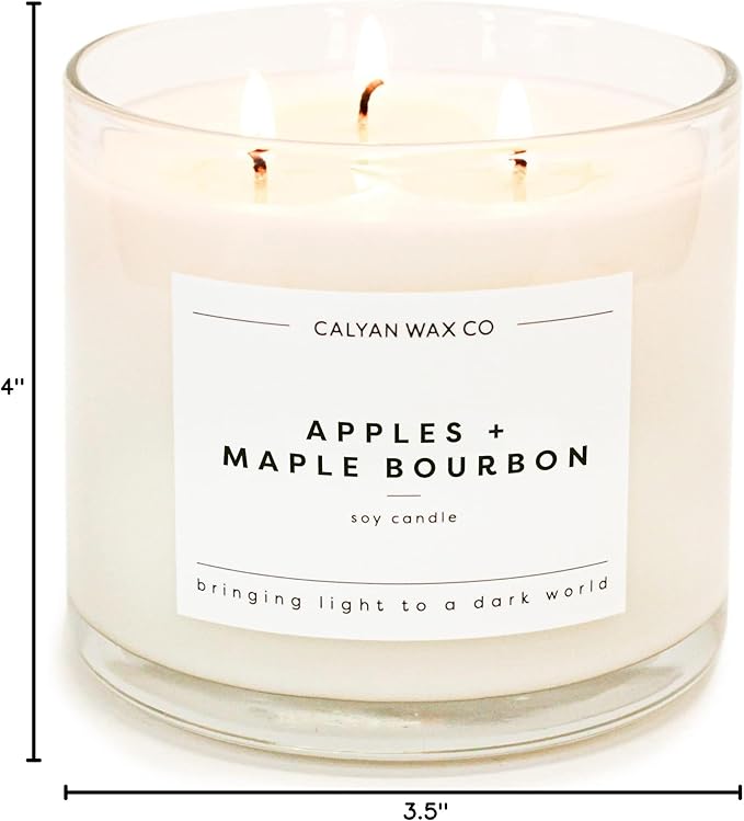 Calyan Wax Co. Apples & Maple Bourbon 3 Wick Scented Candle - 43 Hour Burn - Luxury 3 Wick Soy Candles - Non Toxic Soy Wax Candles - Long Lasting Large Glass Jar Candle for Home - 14.9oz
