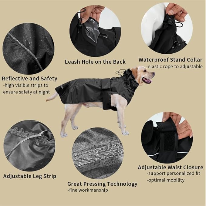 Adjustable Waterproof Dog Raincoat for Dogs,Lightweight Pet Rain Jacket Puppy Clothes with Reflective Strip for Small Medium Large Dogs (Black, Medium)