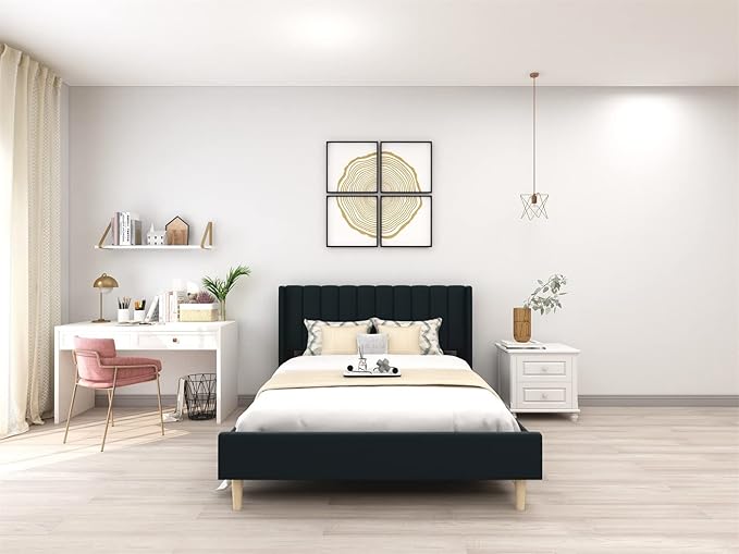 Low Profile Upholstered Platform Bed,Queen Beds with Black(Linen)