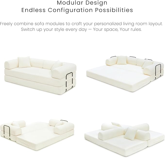 Compression Sofa - 79'' Convertible Sofa Bed, Boneless Couch in a Box, Modular Corduroy Foldable Sleeper Sofa with 2 Pillows, Loveseat Couches for Living Room (Corduroy Fabric, White)