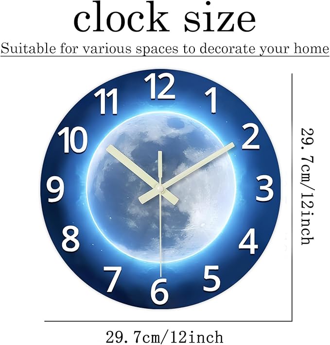 Analog Glow in The Dark Wall Clock Battery Operated 12 Inch Blue Light Up Clock for Wall Silent Wall Clock for Kids Bedroom