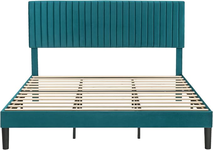 Allewie King Bed Frame, Velvet Upholstered Platform Bed with Adjustable Vertical Channel Tufted Headboard, Mattress Foundation with Strong Wooden Slats, Box Spring Optional, Easy Assembly, Teal