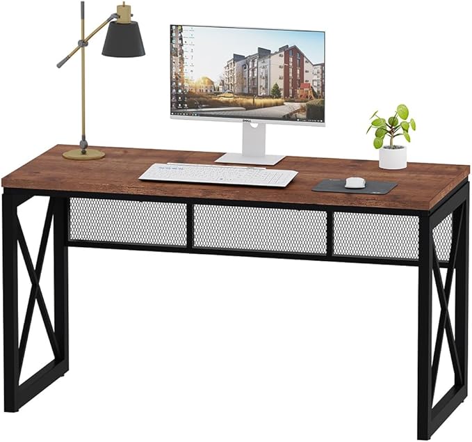 BON AUGURE 60 Inch Computer Desk for Home Office, Industrial Metal Wood Desks, Farmhouse Large Writing Table, Modern Sturdy Gaming Desk (Rustic Oak)